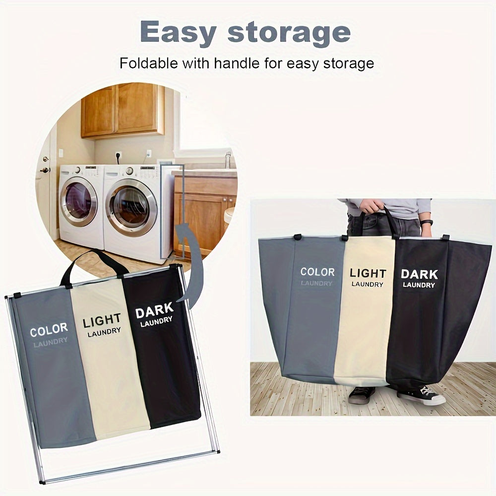 Foldable Laundry Basket With 3 Sections, Waterproof Oxford Bags, And Aluminum Frame - Perfect For Sorting Dark And Light Clothes, Washing Clothes Storage For Home And Dormitory Use