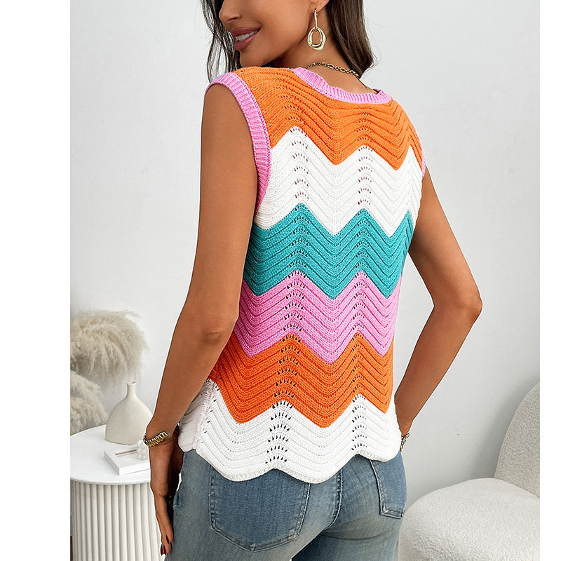 Womens Summer Rainbow Striped Sweater Vest Sleeveless Knit Crew Neck Color Block Going Out Cropped Tank Top