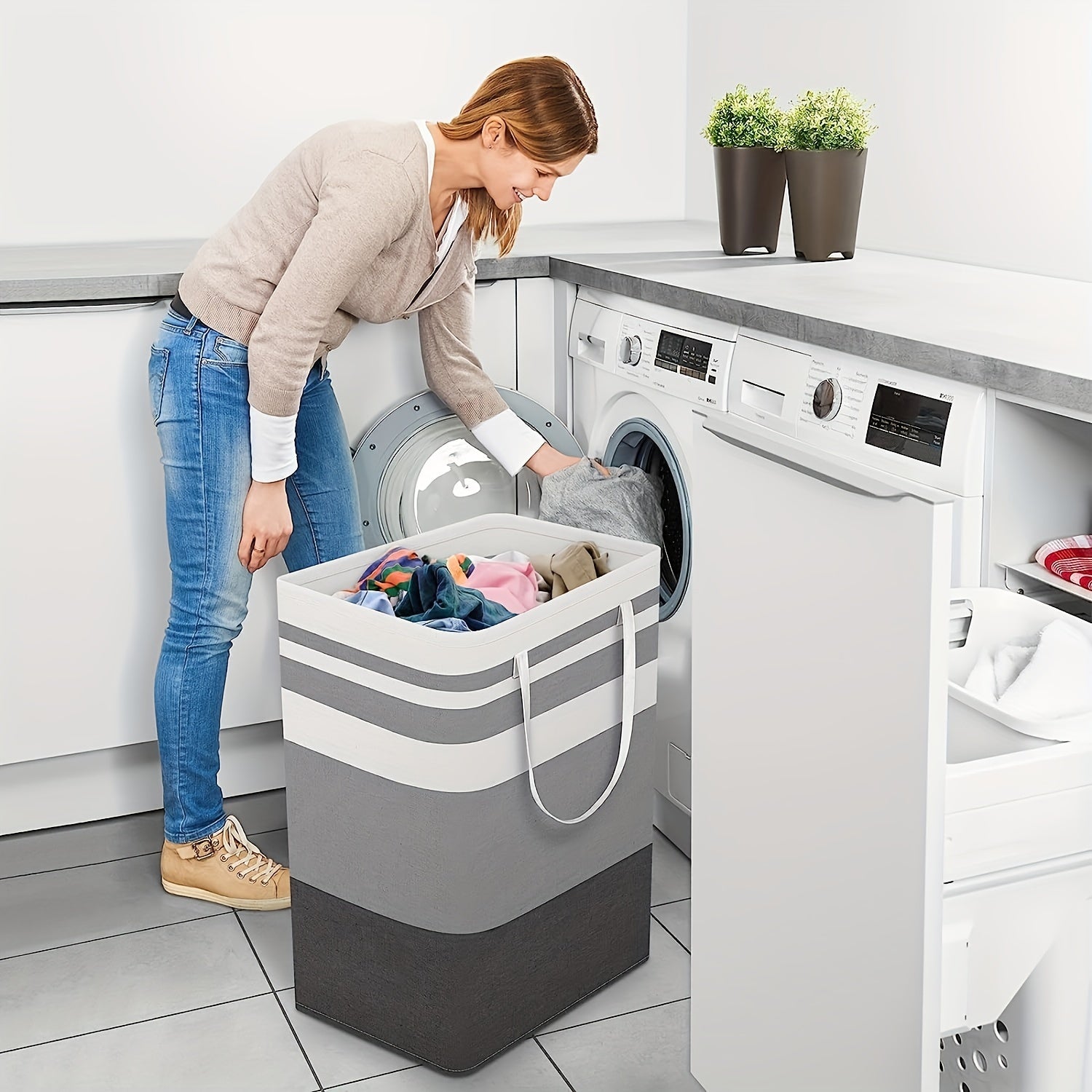 Large Laundry Basket, Waterproof, Freestanding Laundry Hamper, Collapsible Tall Clothes Hamper With Extended Handles