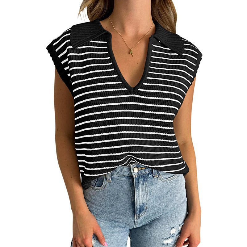 Women's  V Neck Cap Sleeve Sweater Vest Sleeveless Collared Striped Knit Tank Tops
