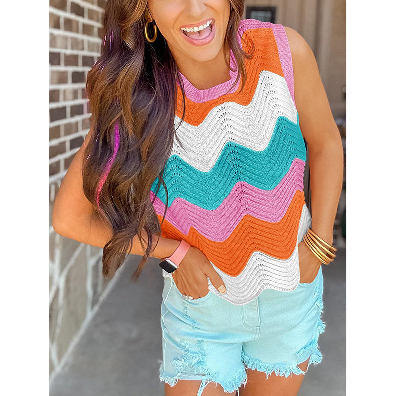 Womens Summer Rainbow Striped Sweater Vest Sleeveless Knit Crew Neck Color Block Going Out Cropped Tank Top