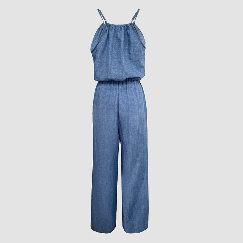Elegant Sleeveless Solid Color Jumpsuit - Wide Leg With Drawstring Waist, Shoulder-Baring Style For Spring&Summer
