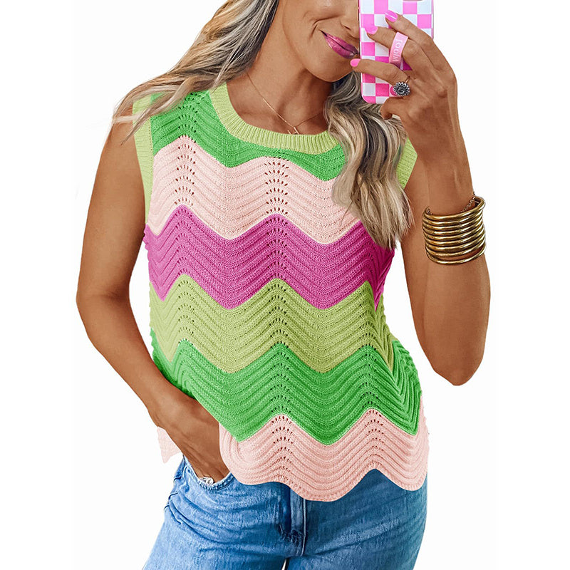 Womens Summer Rainbow Striped Sweater Vest Sleeveless Knit Crew Neck Color Block Going Out Cropped Tank Top