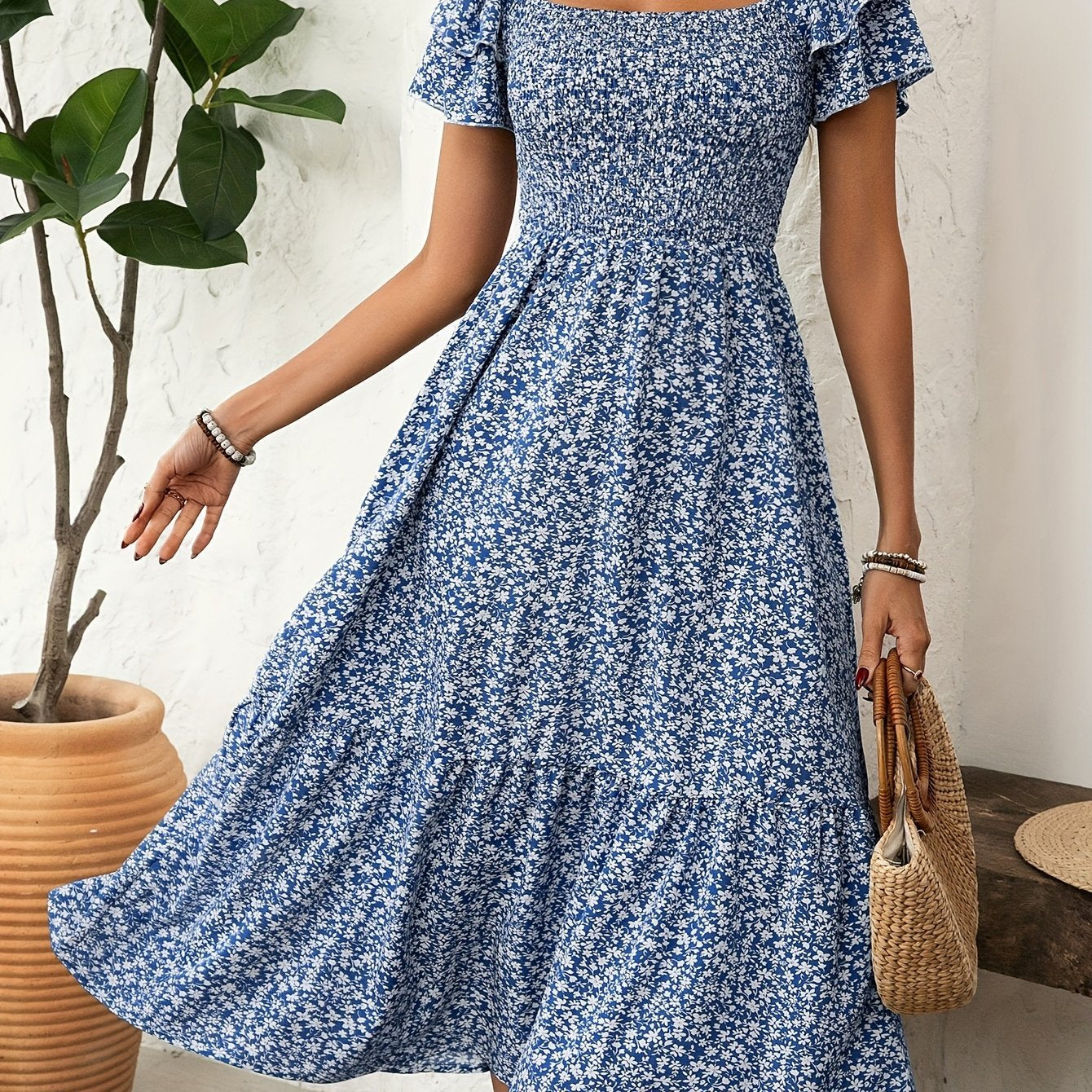 Elegant Floral Print Ruffle Hem Short Sleeve Dress