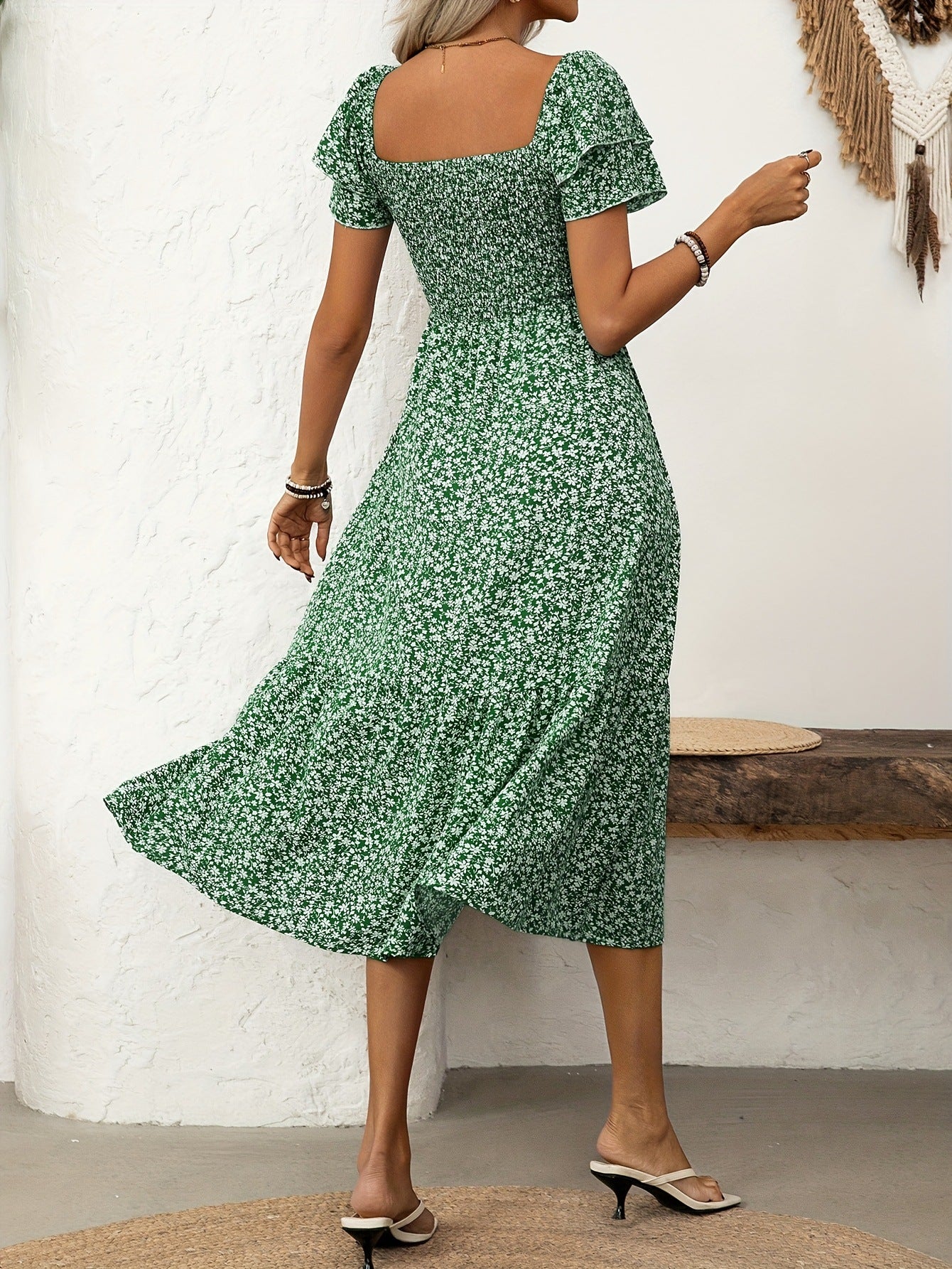Elegant Floral Print Ruffle Hem Short Sleeve Dress