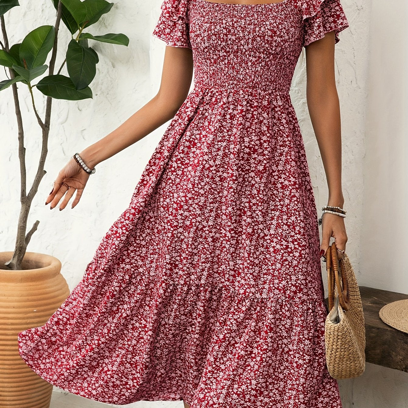 Elegant Floral Print Ruffle Hem Short Sleeve Dress
