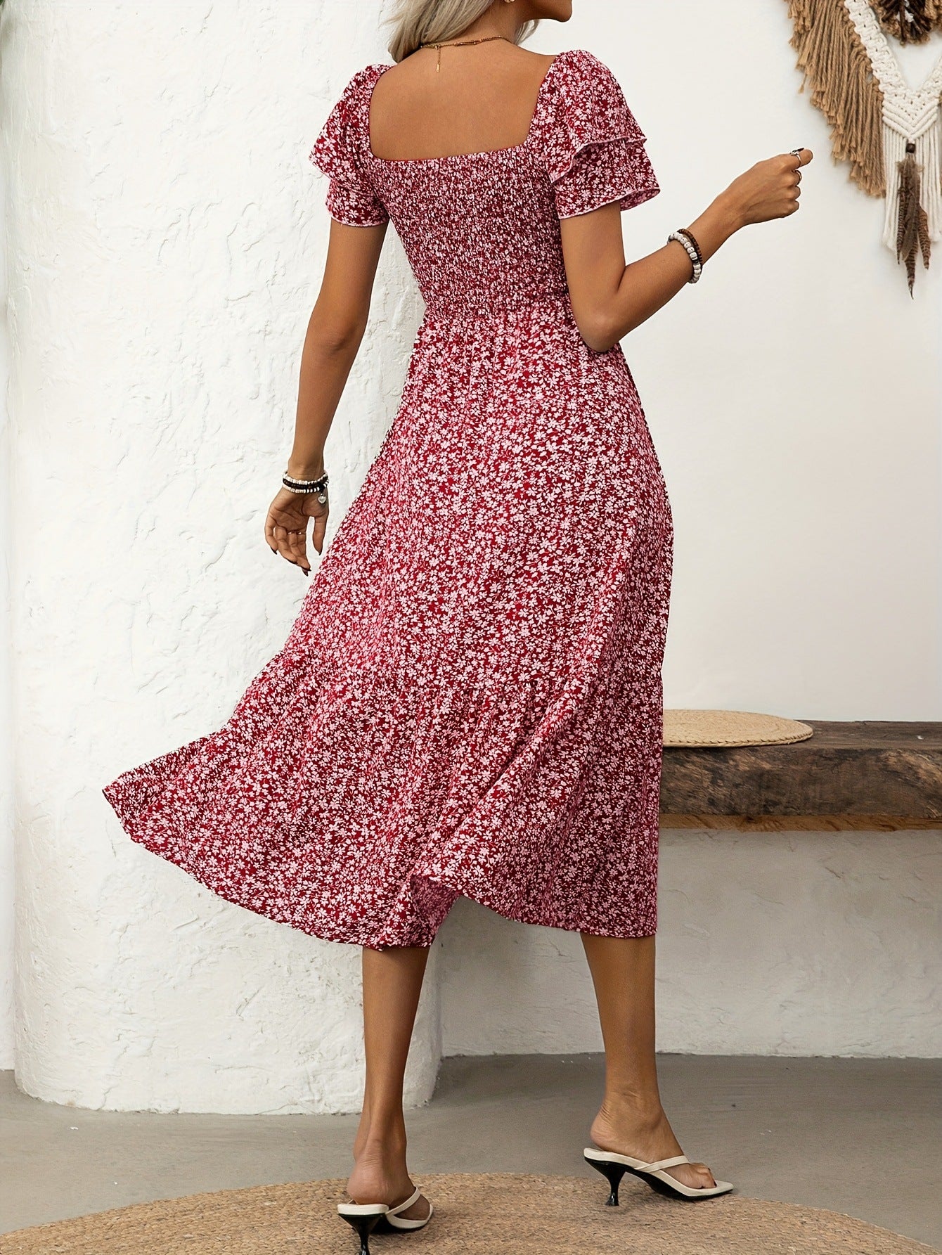 Elegant Floral Print Ruffle Hem Short Sleeve Dress