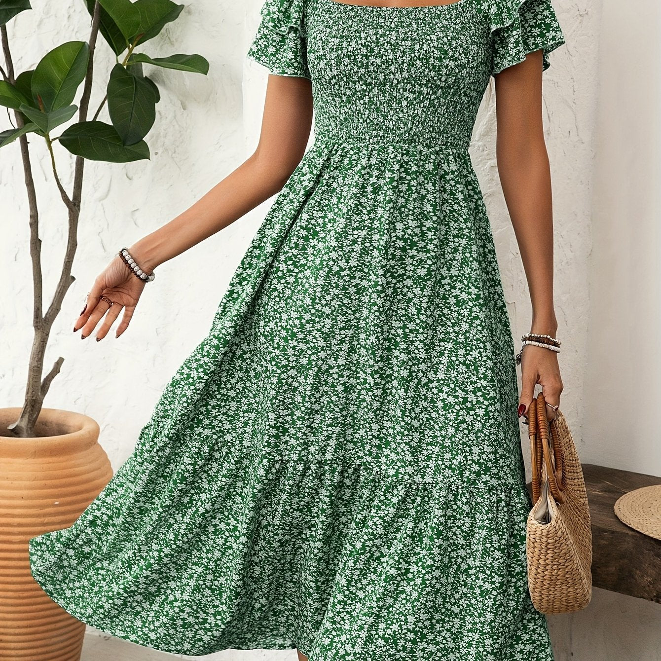 Elegant Floral Print Ruffle Hem Short Sleeve Dress