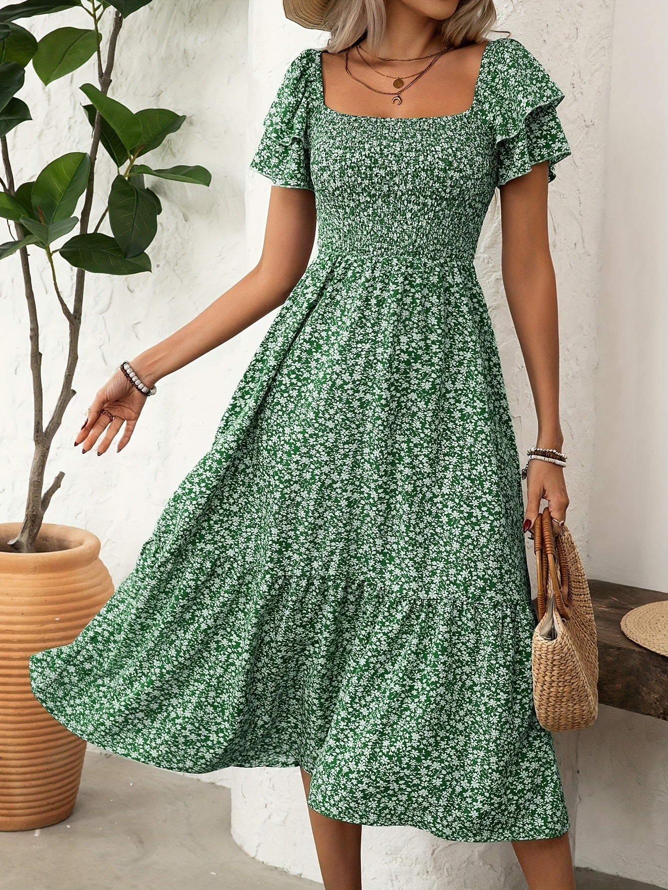 Elegant Floral Print Ruffle Hem Short Sleeve Dress