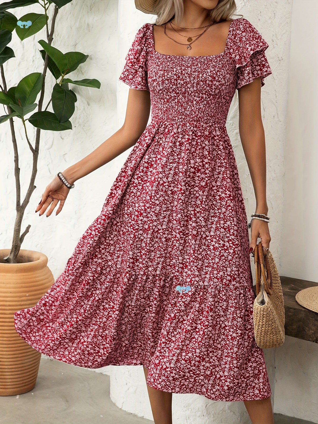 Elegant Floral Print Ruffle Hem Short Sleeve Dress