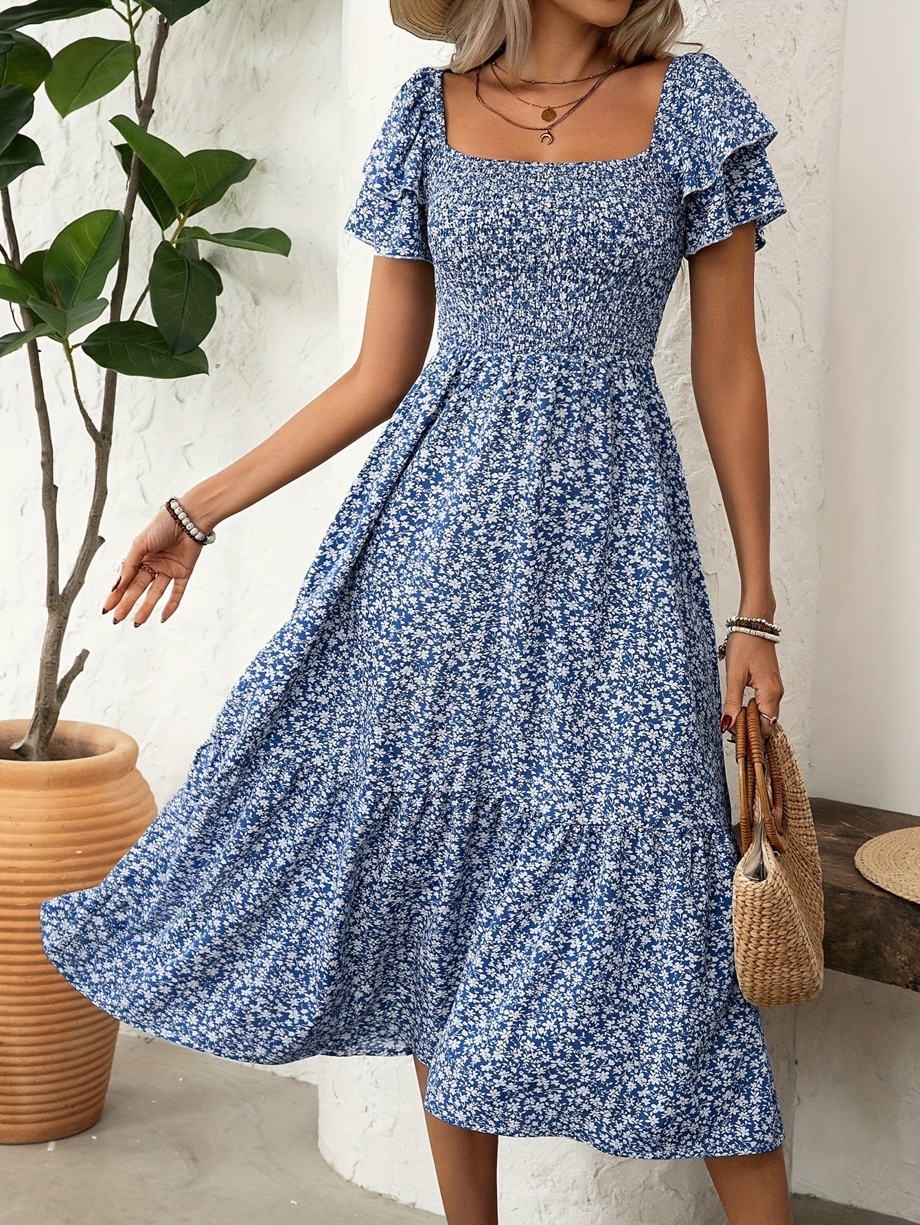 Elegant Floral Print Ruffle Hem Short Sleeve Dress