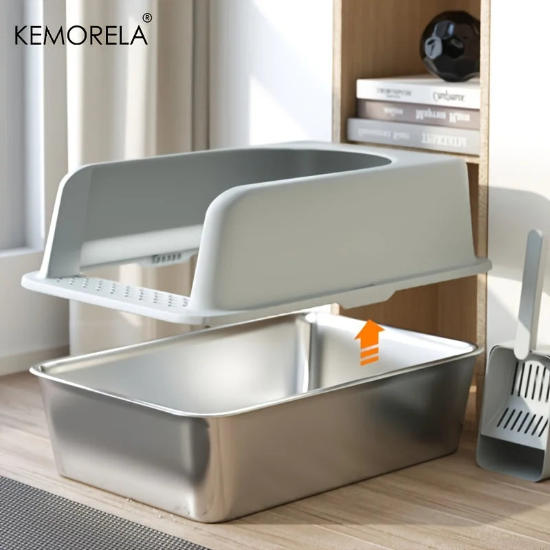 Stainless Steel Litter Box With Litter Mat And Litter Spade Lid High Side Suitable