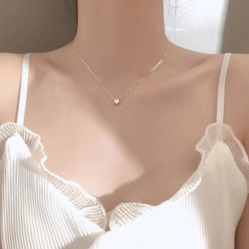 Sterling Silver 14k Gold Plated Necklace Versatile Sparkling Zircon Choker Clavicle Chain for Women Wedding Jewelry