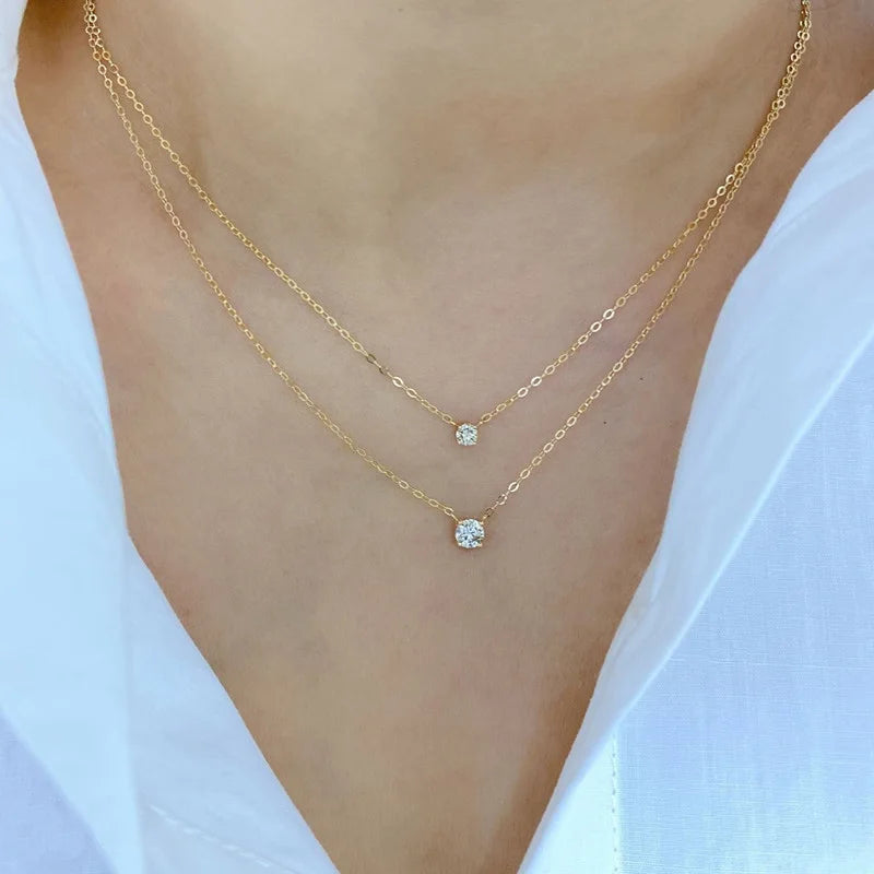 Sterling Silver 14k Gold Plated Necklace Versatile Sparkling Zircon Choker Clavicle Chain for Women Wedding Jewelry