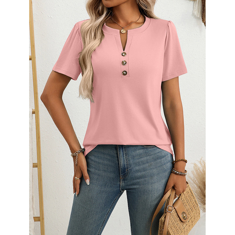 Notch V Neck Shirts Short Sleeve Button T Shirts Summer Dressy Casual Tunic Tops