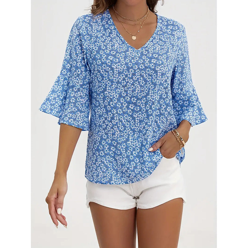 Women's Clothing - Summer Floral Print Blouses V-Neck Flare Sleeve Tops Dressy Casual T-Shirts