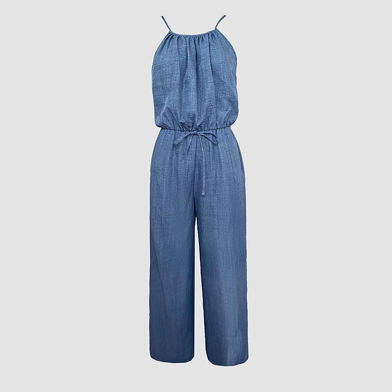 Elegant Sleeveless Solid Color Jumpsuit - Wide Leg With Drawstring Waist, Shoulder-Baring Style For Spring&Summer