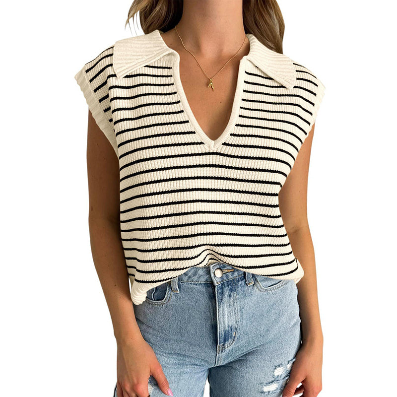 Women's  V Neck Cap Sleeve Sweater Vest Sleeveless Collared Striped Knit Tank Tops