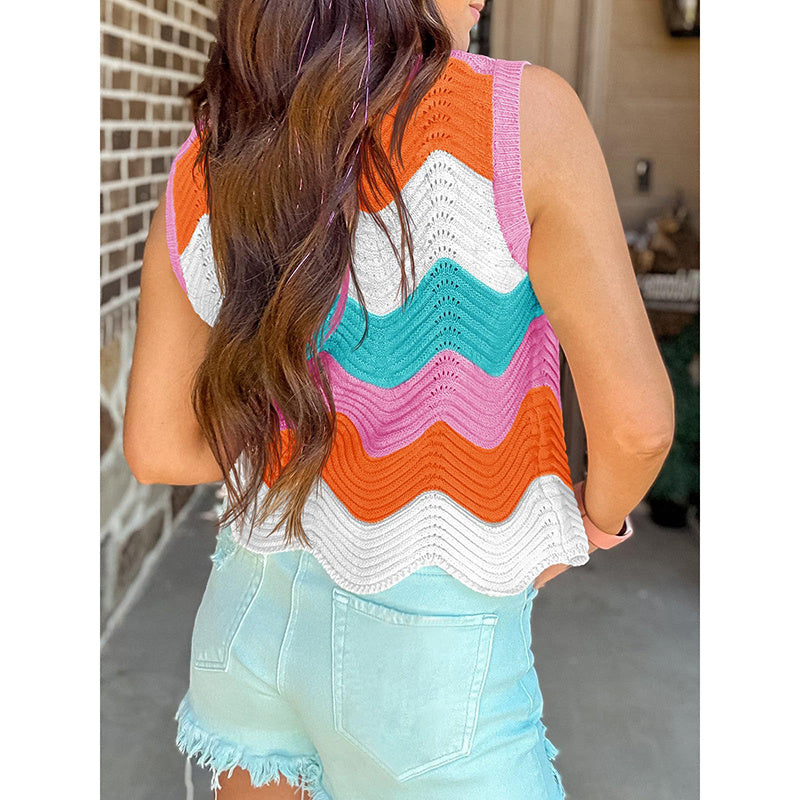 Womens Summer Rainbow Striped Sweater Vest Sleeveless Knit Crew Neck Color Block Going Out Cropped Tank Top