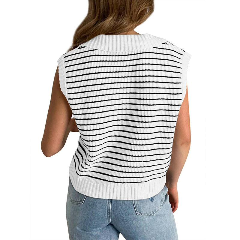 Women's  V Neck Cap Sleeve Sweater Vest Sleeveless Collared Striped Knit Tank Tops