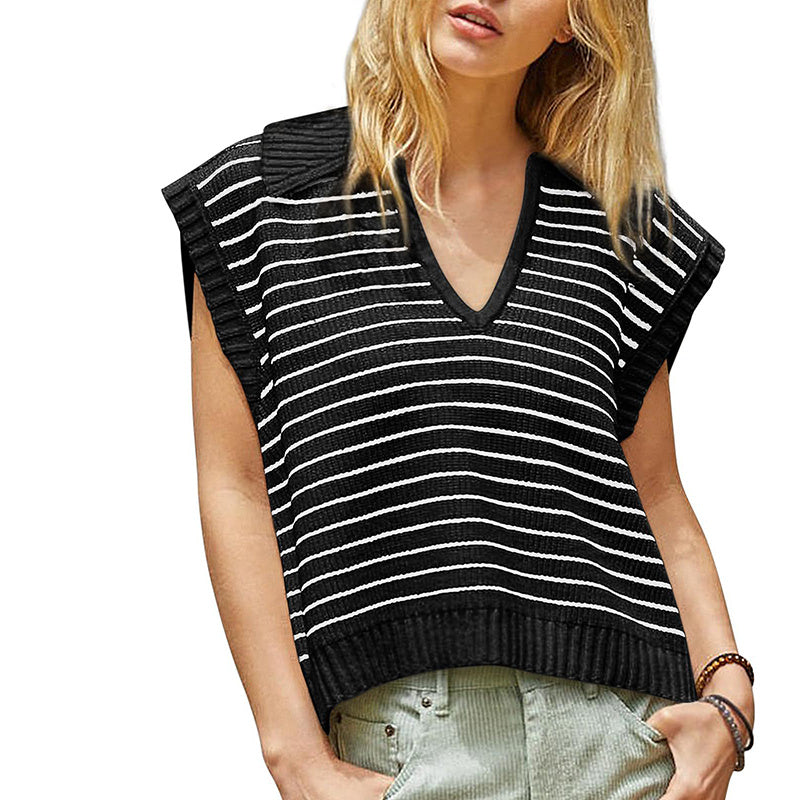 Women's  V Neck Cap Sleeve Sweater Vest Sleeveless Collared Striped Knit Tank Tops