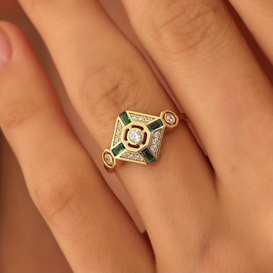 Ins Emerald Diamond Ring Fashion Square