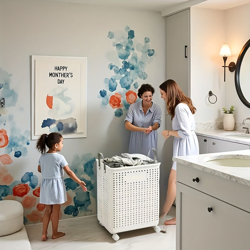 15.85gal/15.85Ga Large Foldable Wheeled Laundry Basket  with No Lid - Faux Leather, Solid Color, Versatile Folding Portable Laundry Basket
