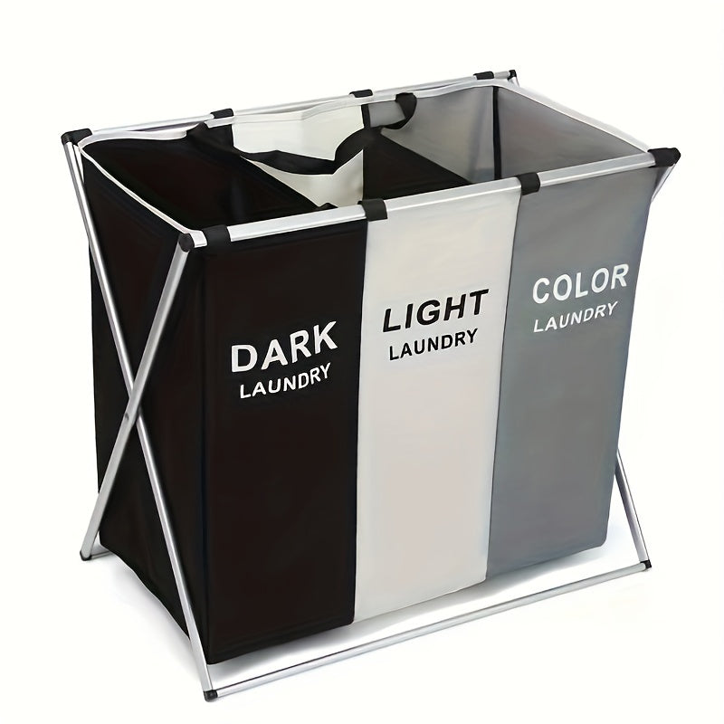Foldable Laundry Basket With 3 Sections, Waterproof Oxford Bags, And Aluminum Frame - Perfect For Sorting Dark And Light Clothes, Washing Clothes Storage For Home And Dormitory Use