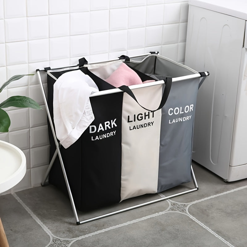 Foldable Laundry Basket With 3 Sections, Waterproof Oxford Bags, And Aluminum Frame - Perfect For Sorting Dark And Light Clothes, Washing Clothes Storage For Home And Dormitory Use