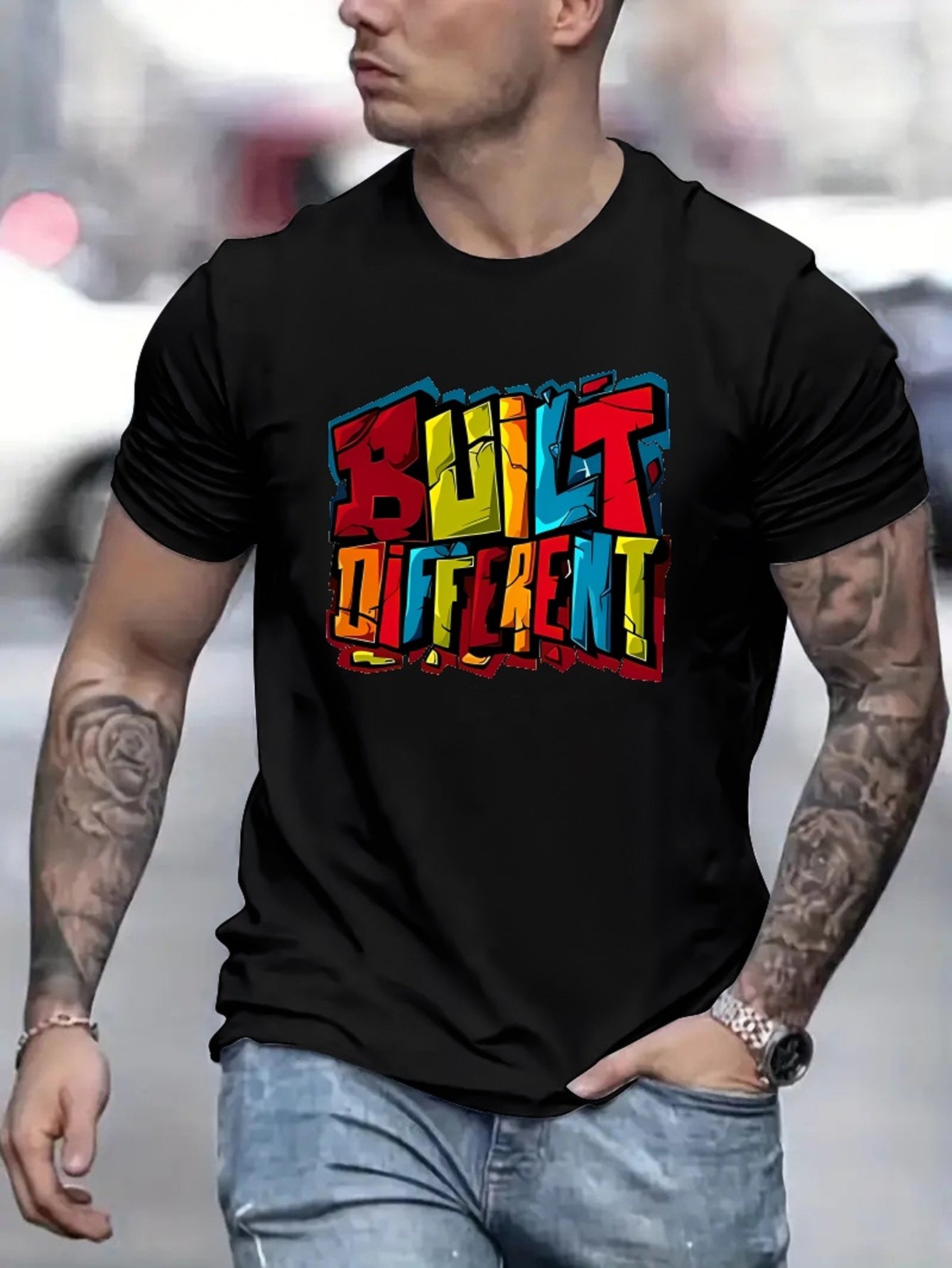 Colorful Letters DIFFERENT Printed Men's Fashion T-shirt, Casual Pattern T-shirt, Short Sleeved Round Neck Top